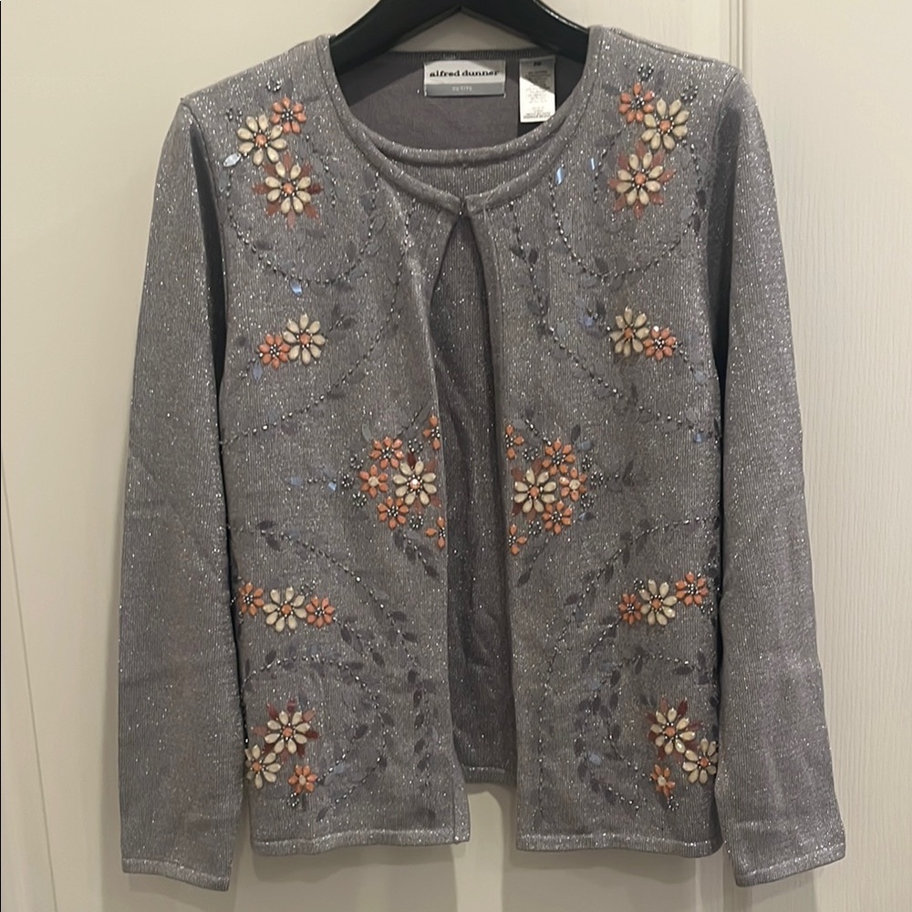 Alfred Dunner Gray Embroidered Cardigan Sweater